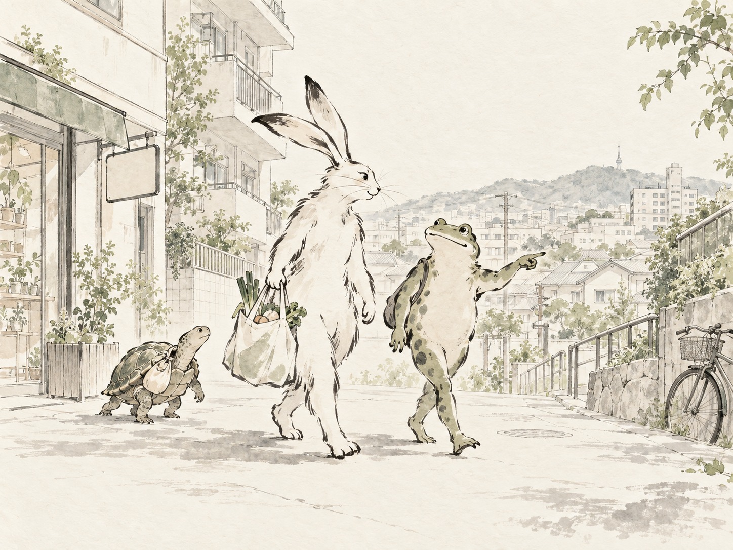 現代日本の街で買い物をしながら歩く動物たち